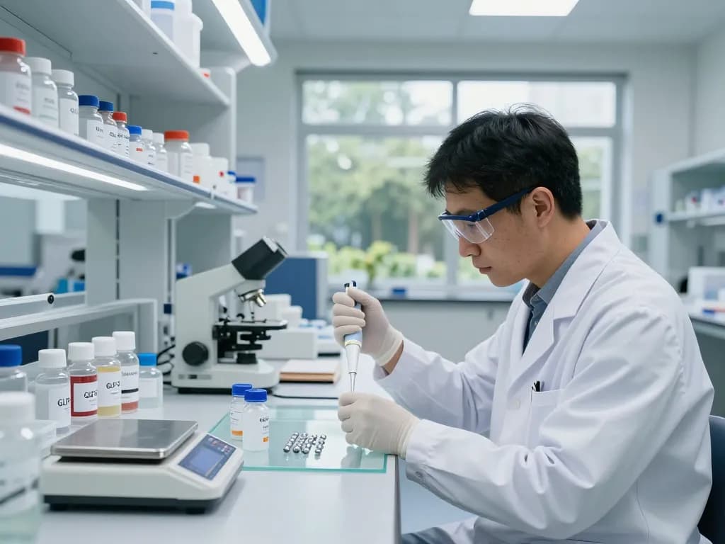 Researcher analyzing GLP3 peptide in laboratory, showcasing high-purity products for scientific use.