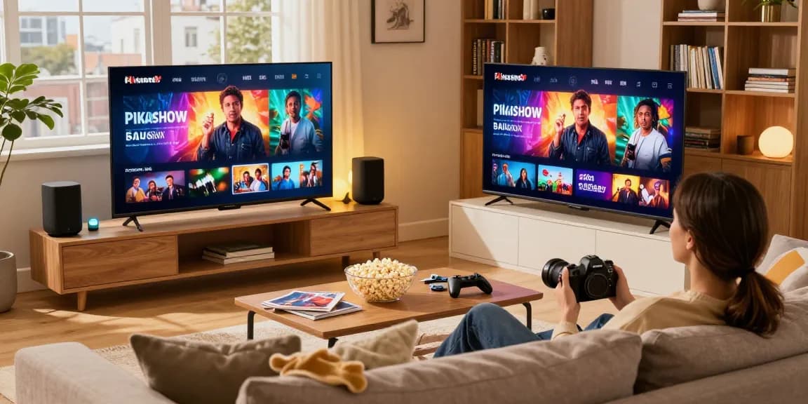 Pikashow streaming scene with cozy viewer on sofa enjoying unlimited movies and shows