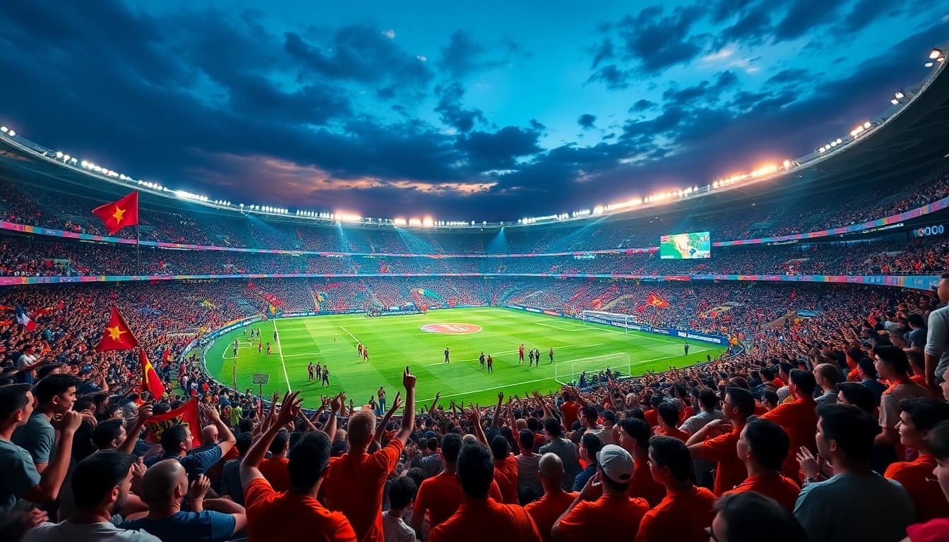 Exciting live Trực tiếp bóng đá atmosphere with fans in a vibrant football stadium.