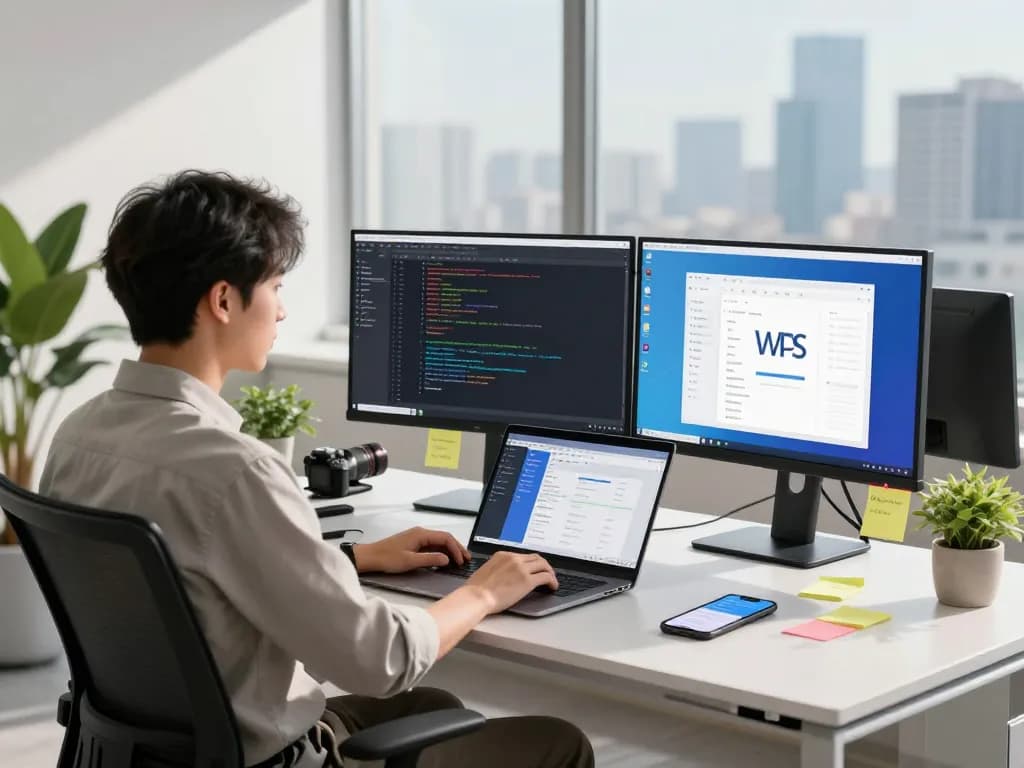 Efficient workspace showing wps 下载 on computer screens in a modern office.