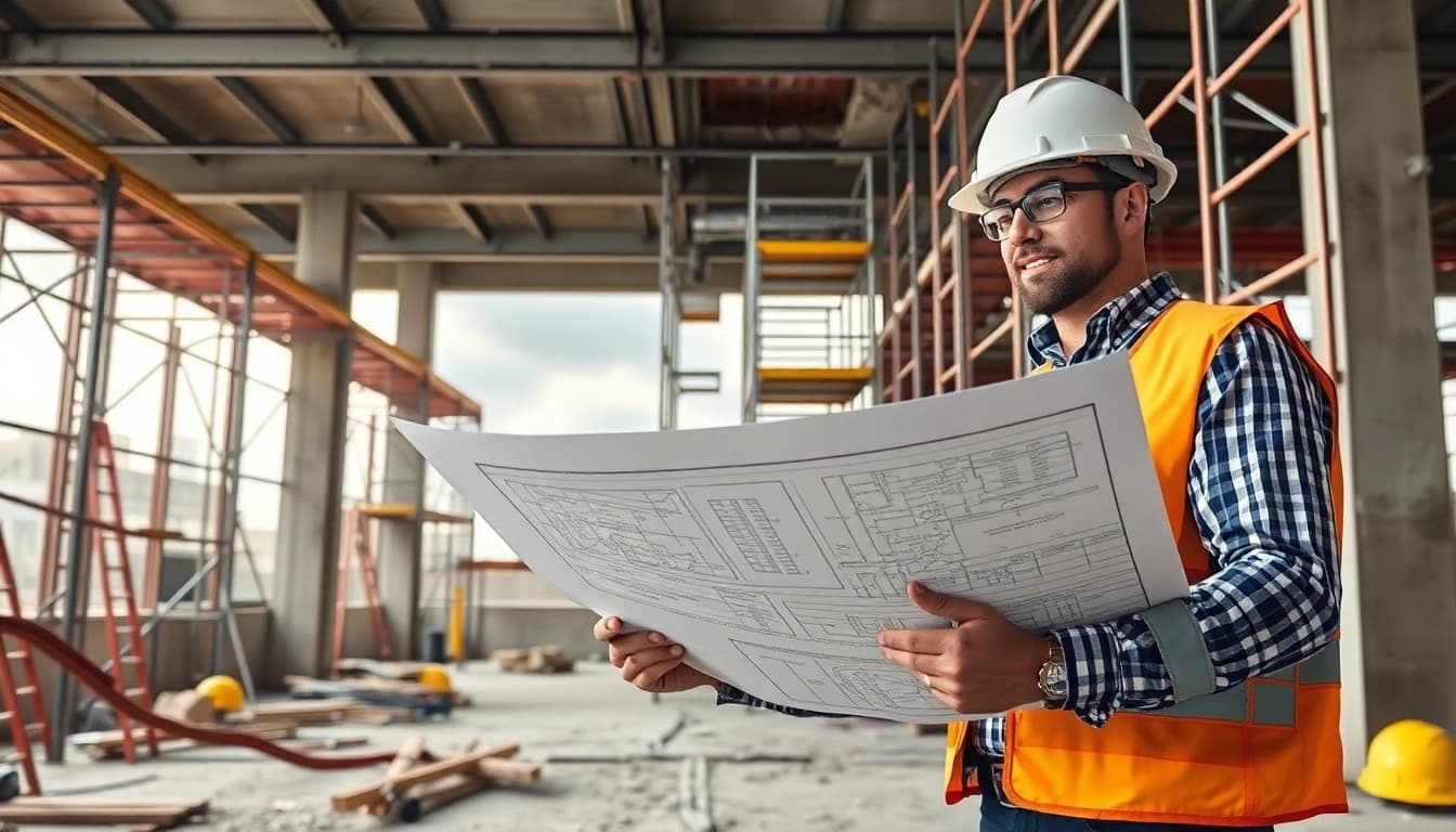 New York General Contractor discussing project plans at a busy construction site with tools and blueprints.