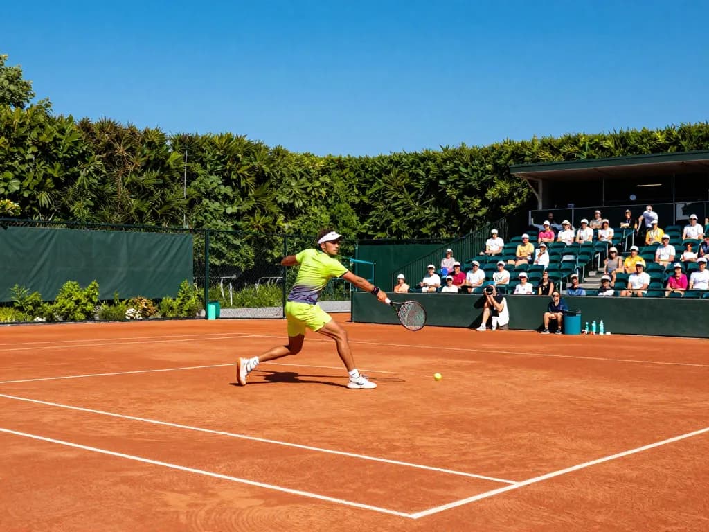 Professional tennis player hitting a ball on a pristine HybridClay surface, showcasing athletic action and eco-friendly court design.