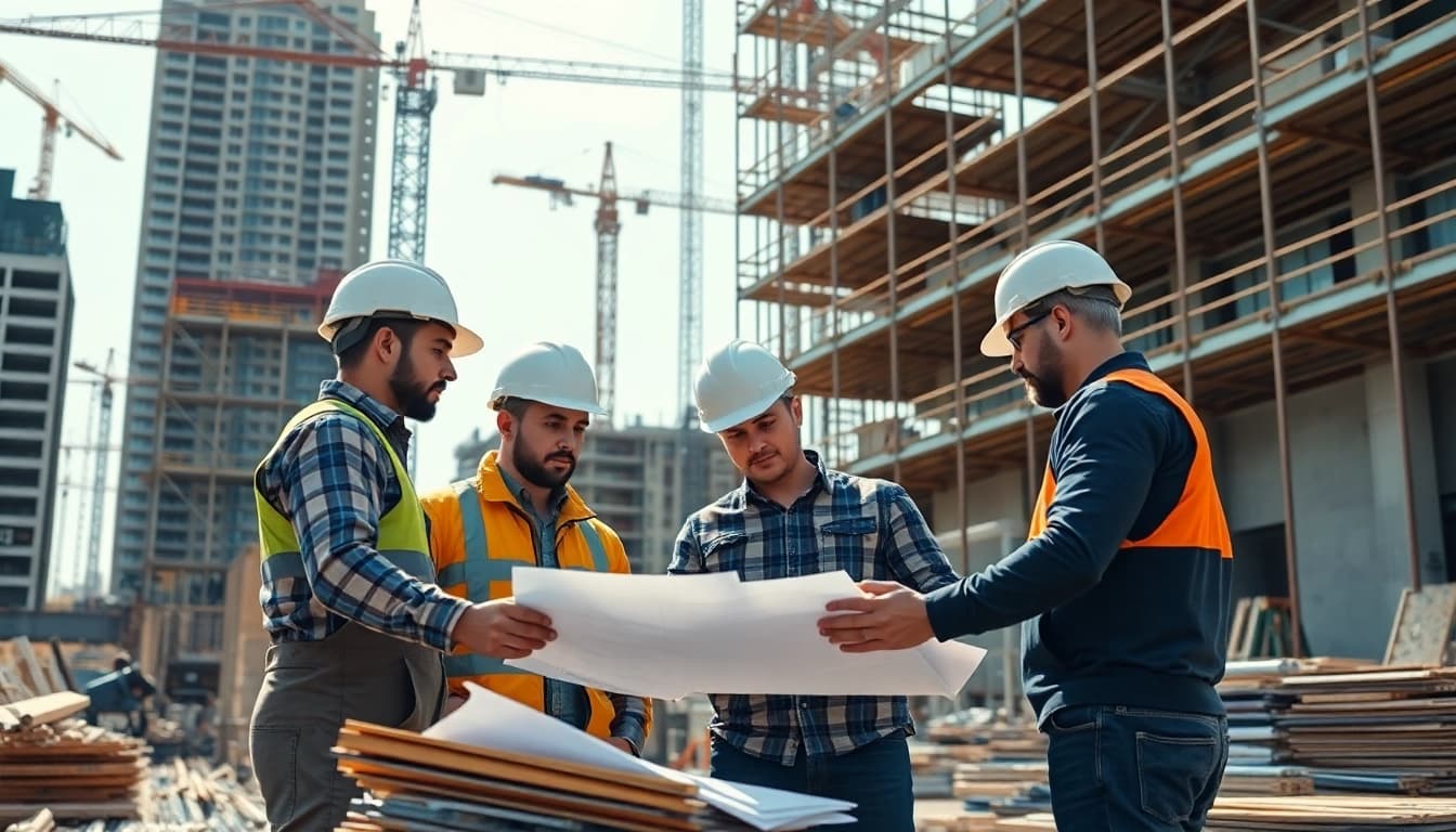 Workers operating a construction site under a New York Commercial General Contractor, demonstrating teamwork and professionalism.