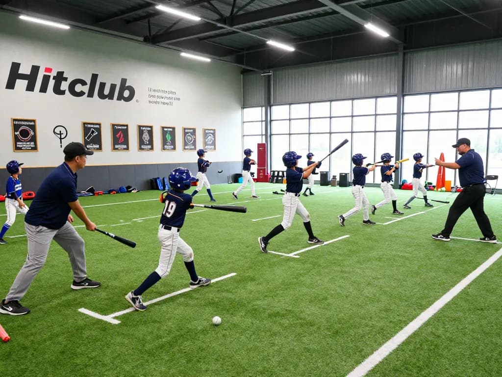 Hitclub baseball training session with young athletes focusing on batting practice, showcasing energetic atmosphere and coaching interaction