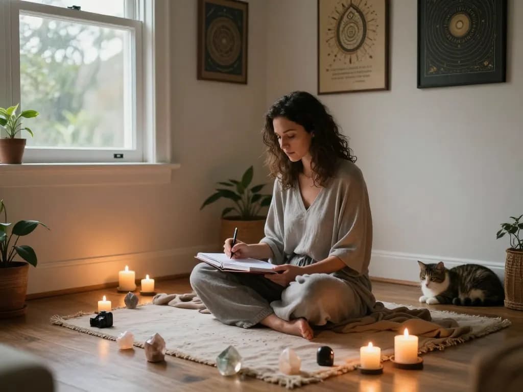 Women exploring why do I attract emotionally unavailable partners during an introspective Akashic session filled with crystals, candles, and calming art.