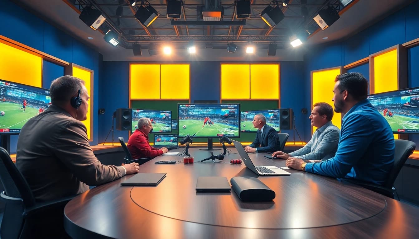 Sports Broadcasting studio with commentators engaged in lively discussion at a modern desk.