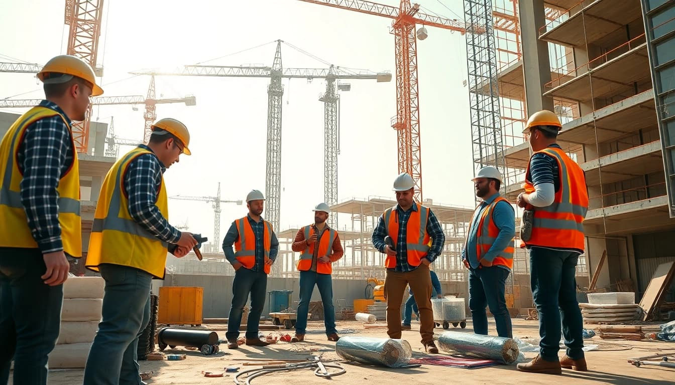 Construction association professionals collaborating at a bustling site with tools and machinery.