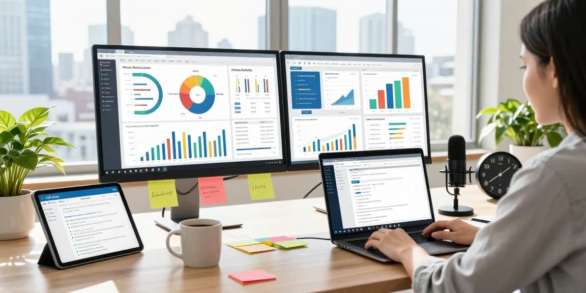 Data analyst managing Residential proxies through dual screens in a modern office setting, capturing productivity.