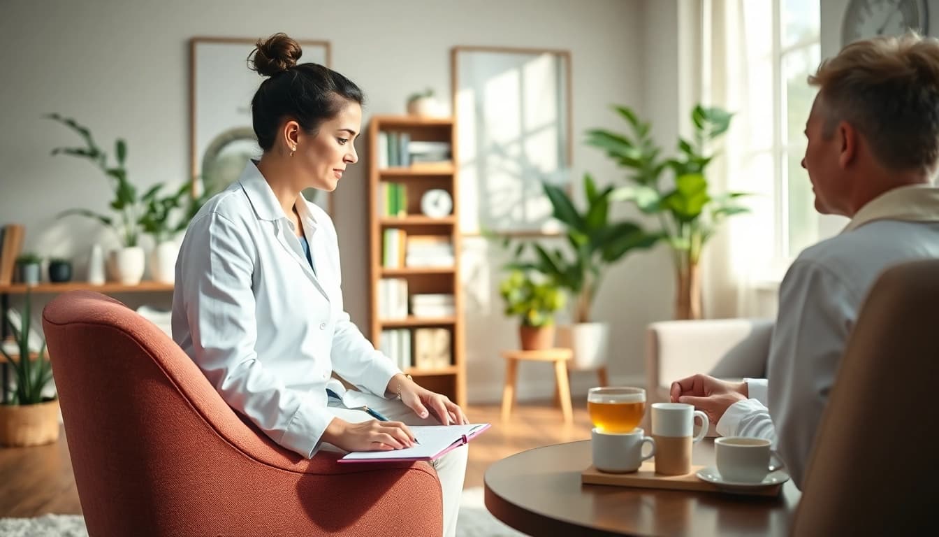 Engaging discussion about mental health tips in a calming therapy office environment.