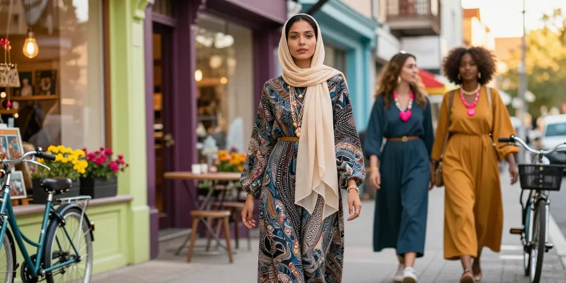 Elegant woman in modest fashion enjoying the vibrant city scene.