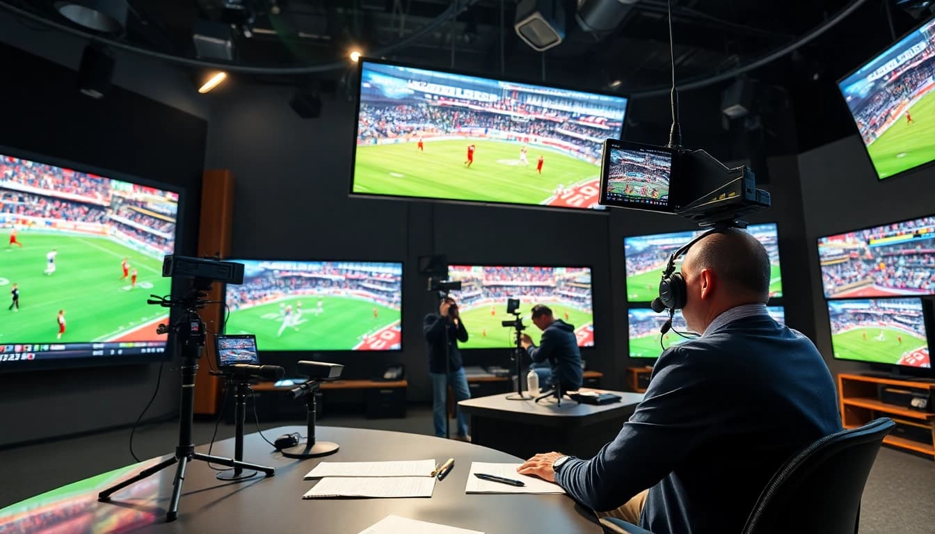 Engaging sports broadcasting setup featuring video equipment and live event screens.