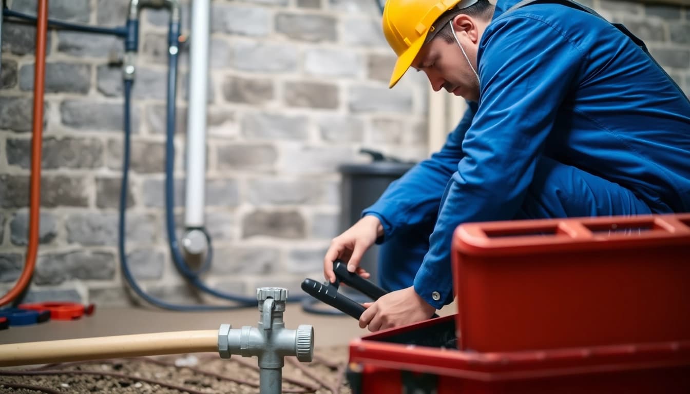 Emergency plumbing help for sewer backup: licensed plumber fixing a sewage issue in a basement.
