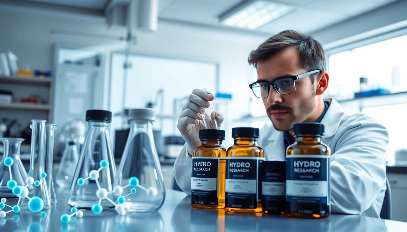 Analyze Hydro Research peptides in a professional lab, showcasing vibrant colors and modern equipment.