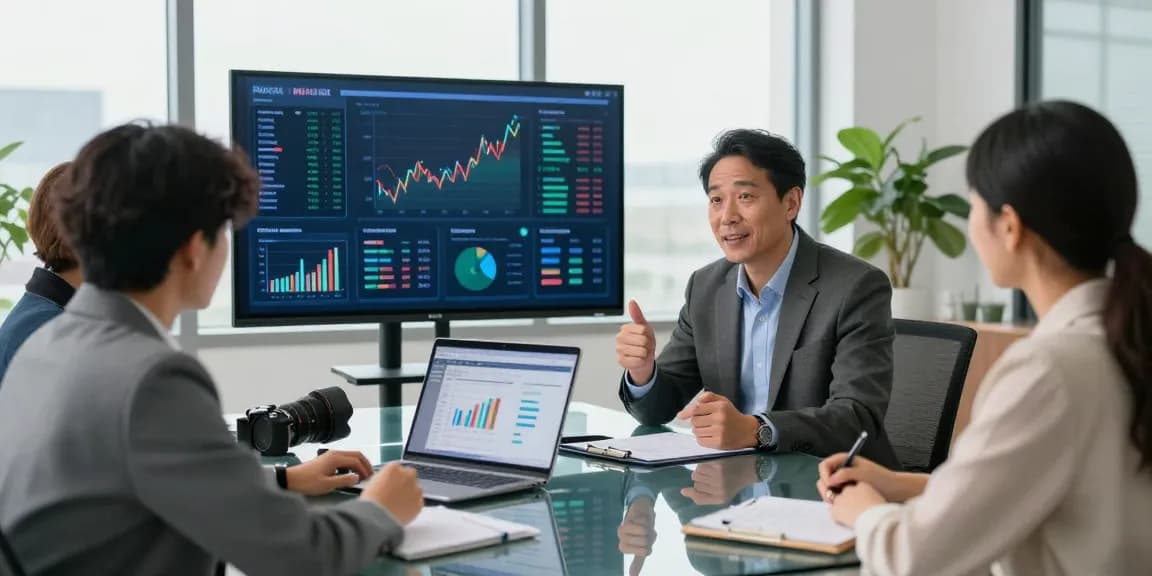 Financial advisor guiding a couple through financial planning in a modern office.