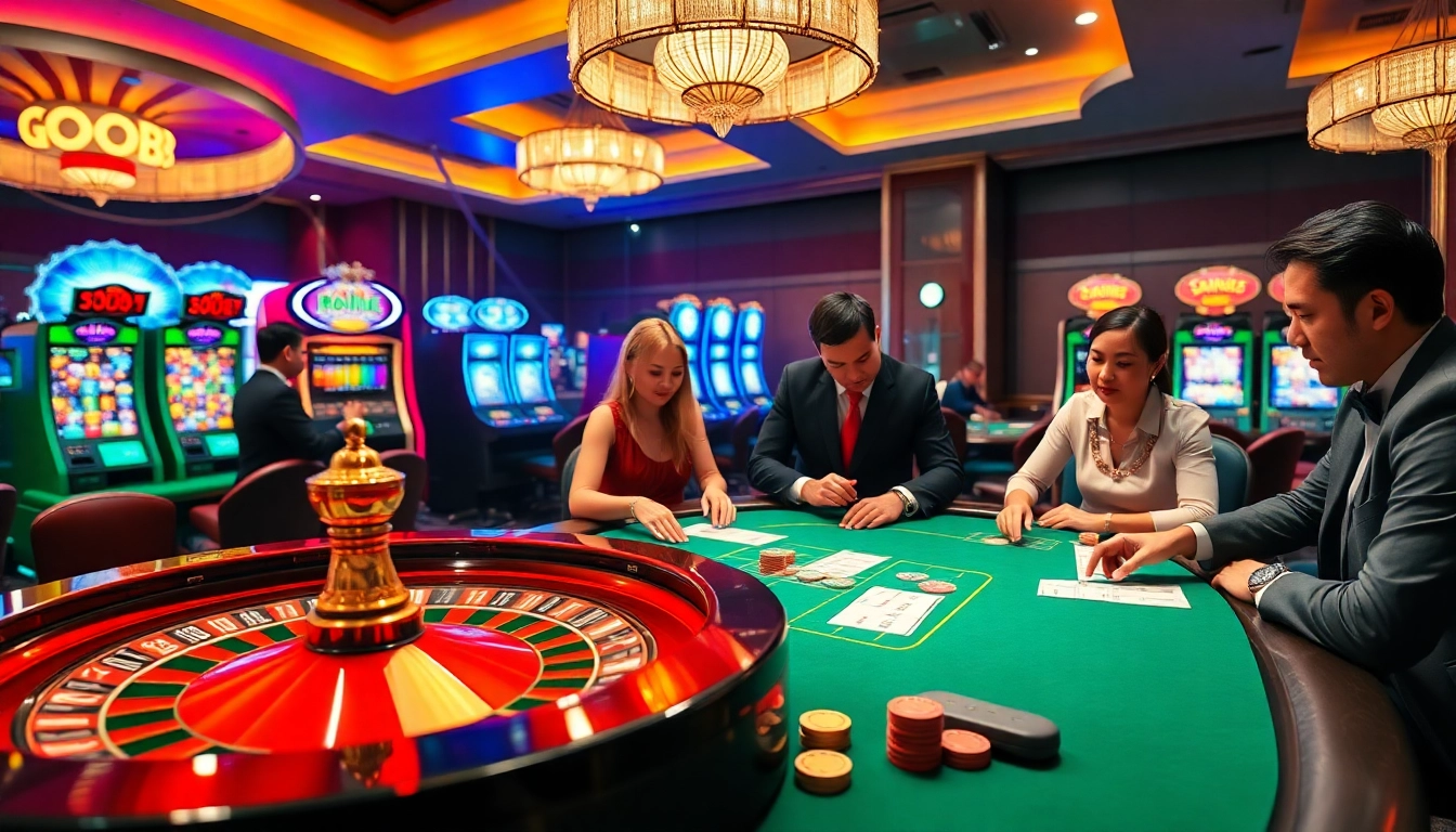 Players enjoying high-stakes poker at good88's luxurious casino table, filled with vibrant chips and excitement.