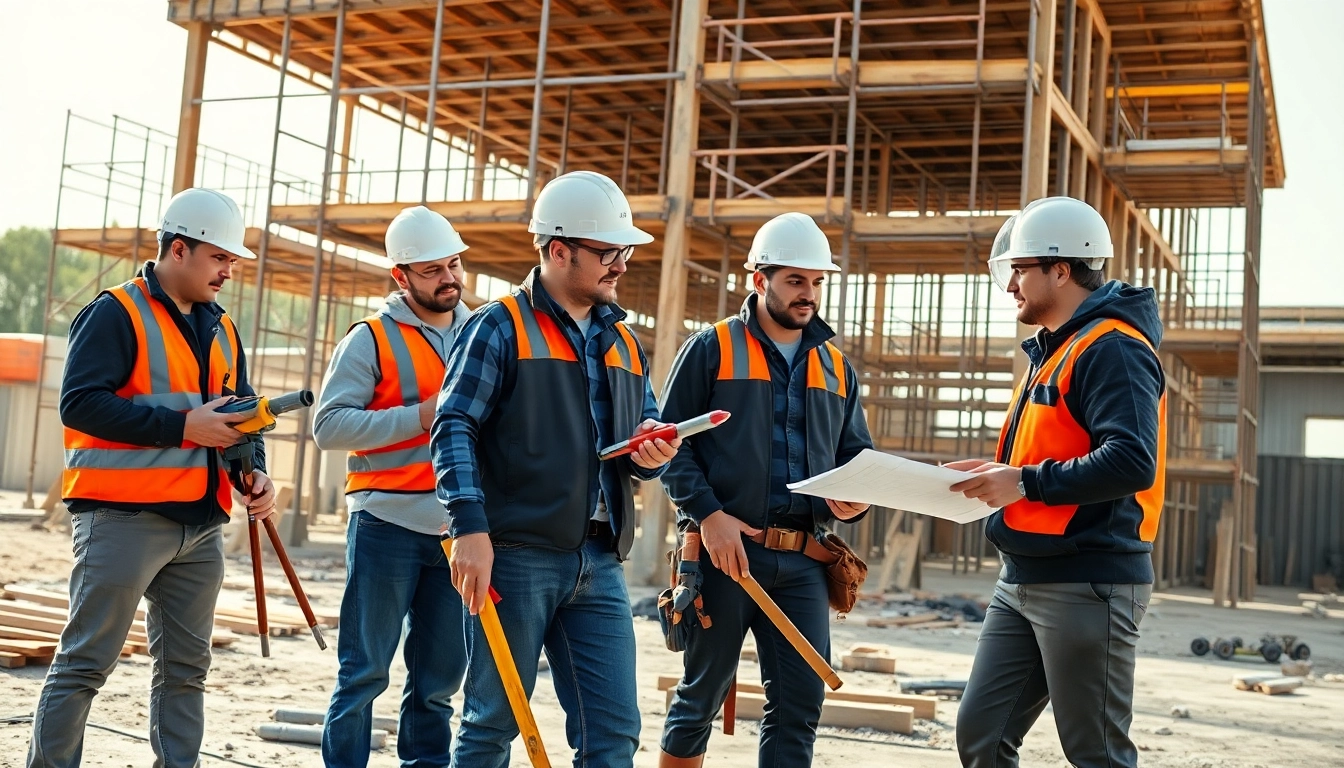Apprentices engaged in construction apprenticeship on a busy work site.