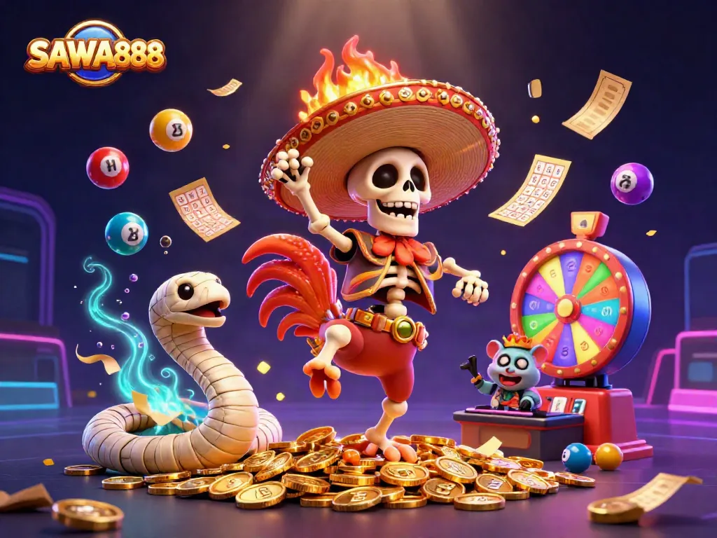 Experience the thrill of SAWA888 with a festive casino scene featuring a dancing mariachi rooster, mummy snake, and DJ hamster!