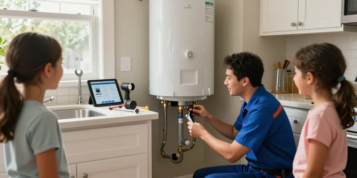 Plumber inspecting a water heater in a San Diego kitchen, showcasing essential plumbing services San Diego.