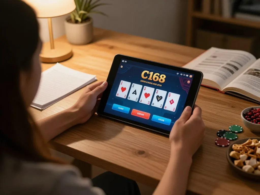 Engaged player exploring the C168 online poker app on a tablet during a cozy home gaming session