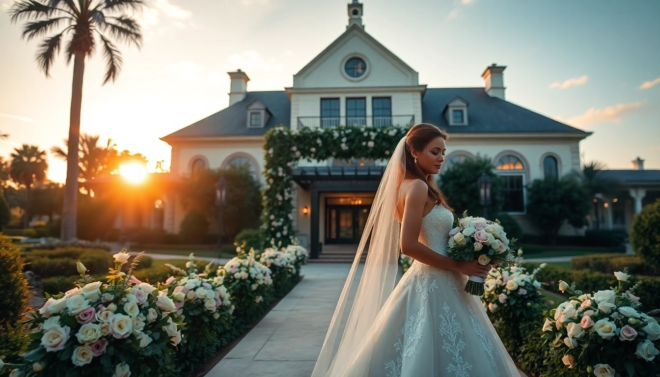 Wedding couple celebrating at the Best Wedding Venue Jacksonville with elegant floral decorations.