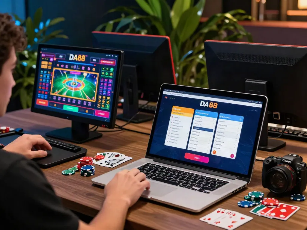 Exciting online gaming setup showcasing DA88 interactive platform with poker chips and vibrant screens.