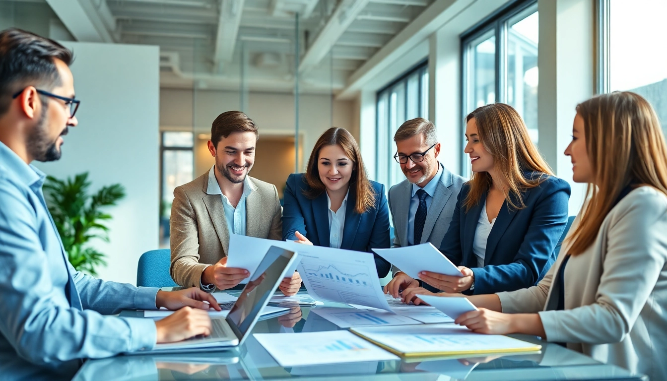 Top financial advisors collaborating in a modern office environment, creating a professional atmosphere.