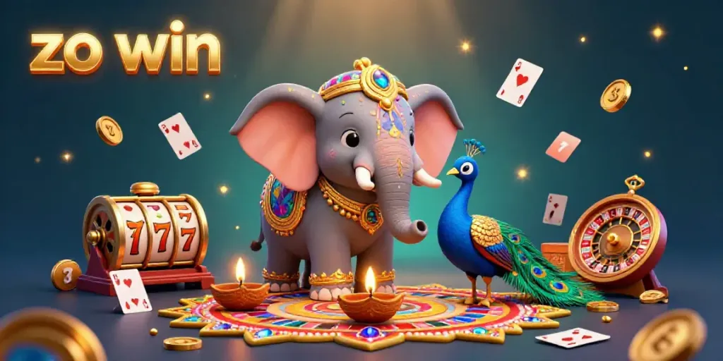 A vibrant scene illustrating zo win with 3D characters and casino elements like slots and roulette.
