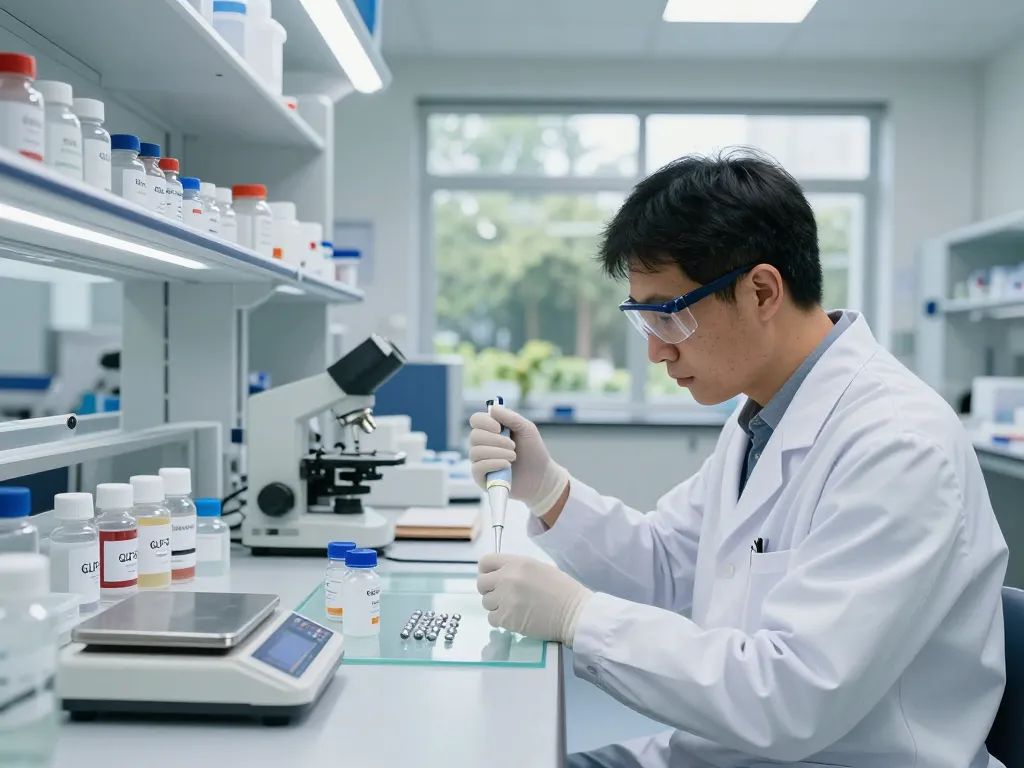 Researcher analyzing GLP3 peptide in laboratory, showcasing high-purity products for scientific use.