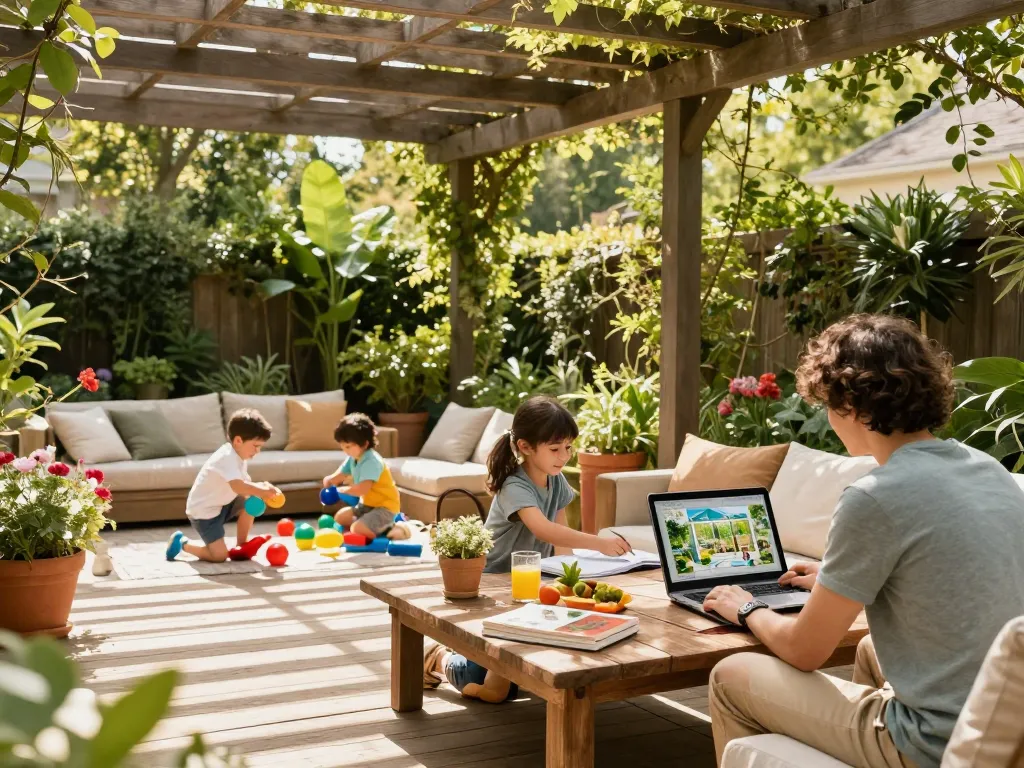 Family customizing their pergola configurator in a vibrant garden setting.