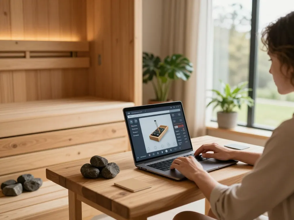 Engaging with a sauna 3D configurator while designing a personalized sauna experience.