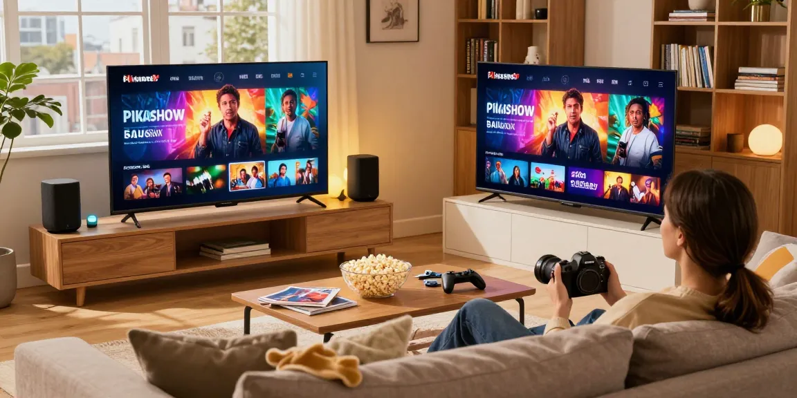 Pikashow streaming scene with cozy viewer on sofa enjoying unlimited movies and shows