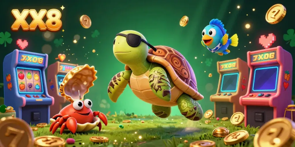 Experience the excitement of XX8 featuring a pirate turtle and treasure, surrounded by vibrant casino elements.