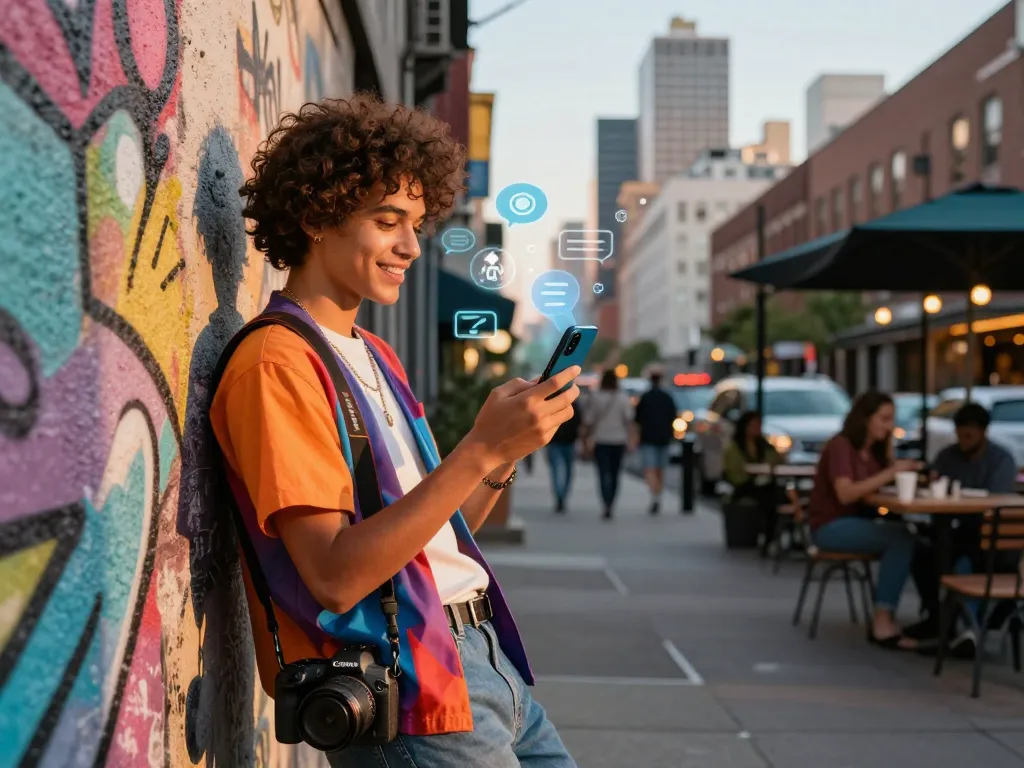 Engaging scene with ai slut virtual companion interacting in urban environment, showcasing modern relationship dynamics.