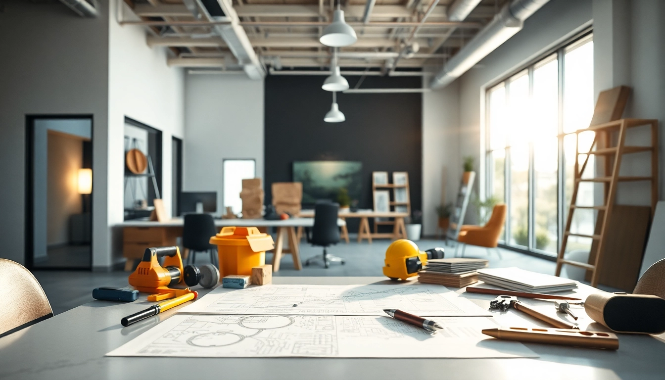 Austin commercial remodeling contractor working in a modern office space with construction plans.