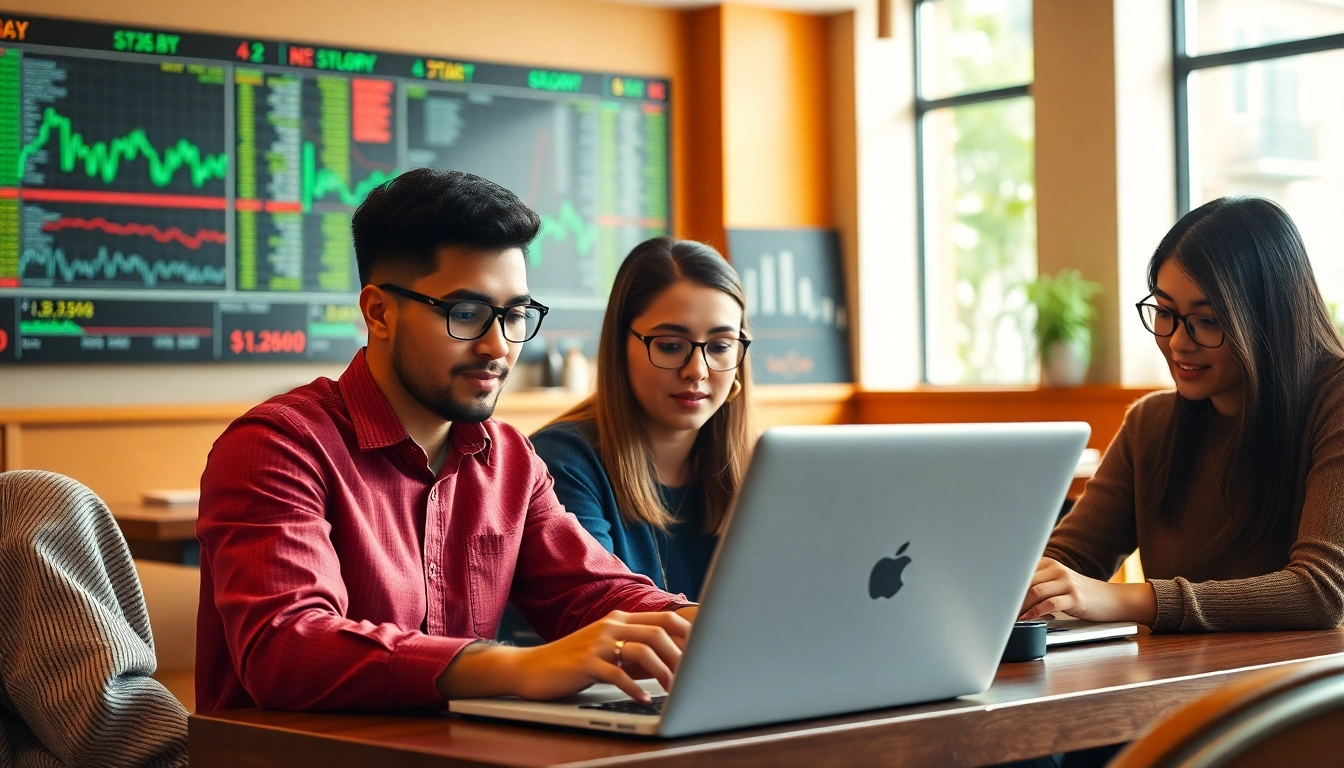 How international students buy stocks while trading in a vibrant café setting.