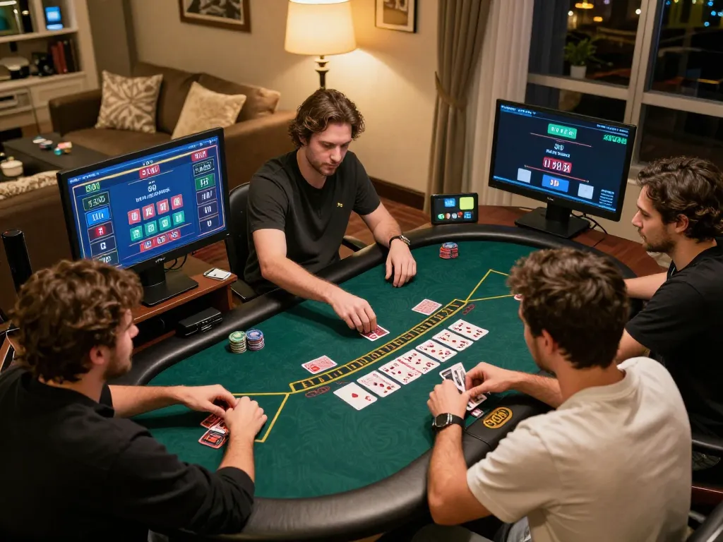 TWIN68 players strategizing in a lively online blackjack and poker session at home.