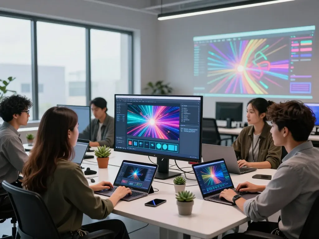 Creative team using mind control AI for video generation in a modern workspace with dynamic screens.