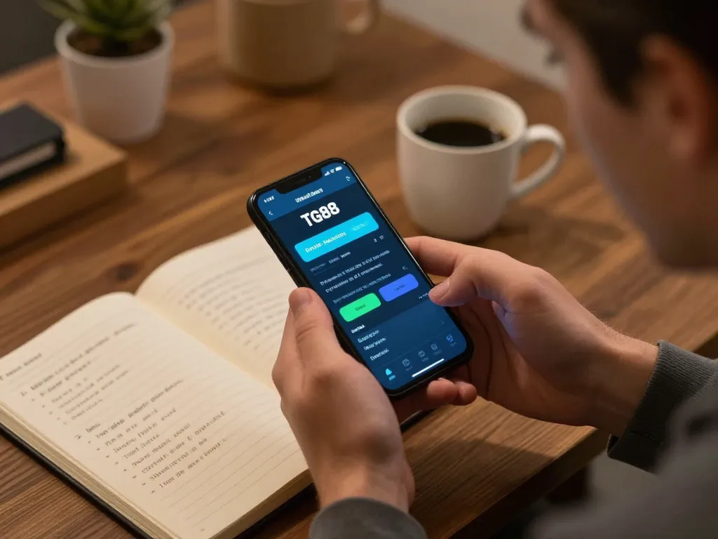 Person using the TG88 app on smartphone for online gaming with warm ambiance, showcasing strategic betting activities.