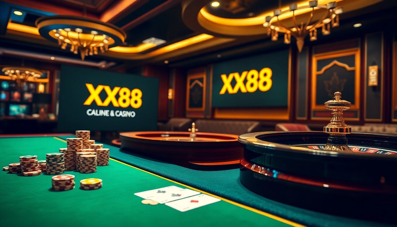 Exciting gambling action at XX88 casino with poker chips and roulette wheels.