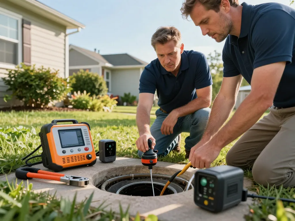 Sewer line repair Rapid City - Professional plumber inspecting residential sewer line with equipment in backyard.