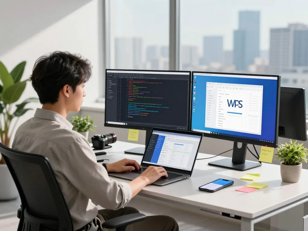 Efficient workspace showing wps 下载 on computer screens in a modern office.