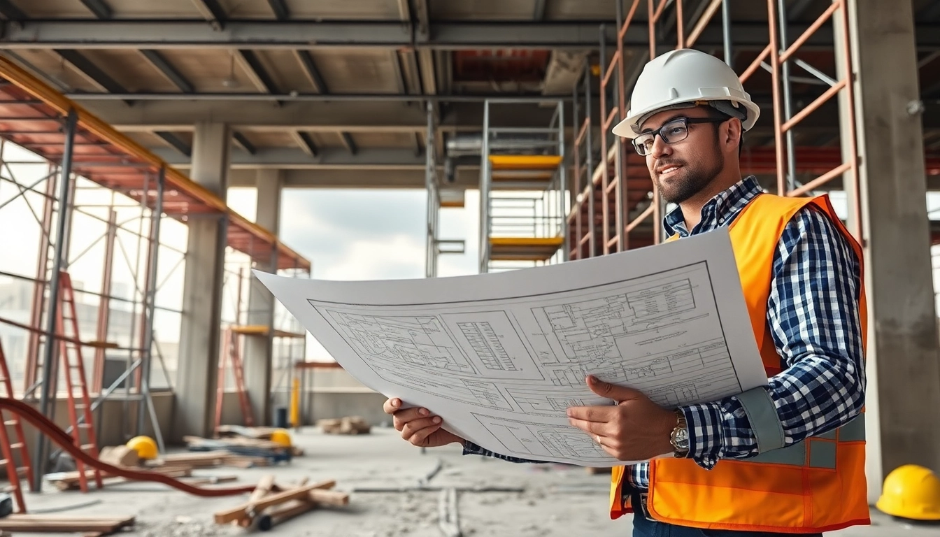 New York General Contractor discussing project plans at a busy construction site with tools and blueprints.