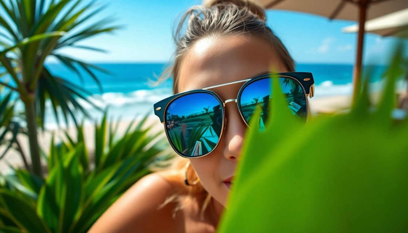 Person enjoying luxury sunglasses in a vibrant beachside café surrounded by picturesque scenery.