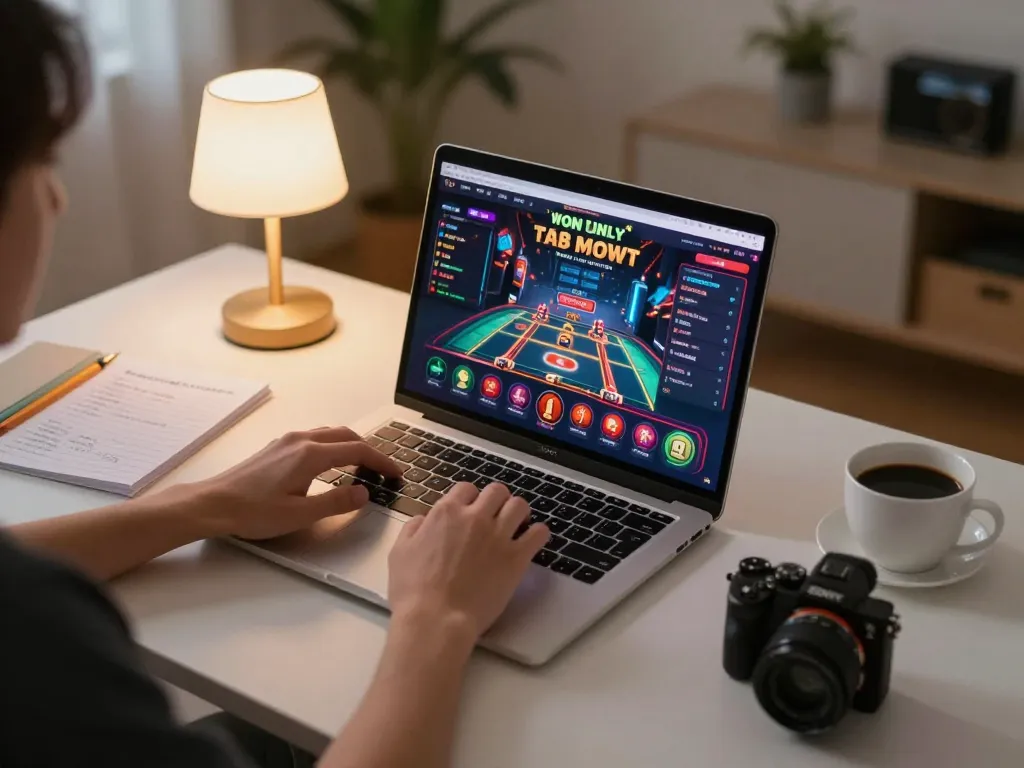 Engaging scene showcasing a player using 99Win on a laptop, emphasizing online gaming strategy.