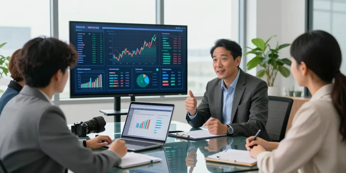 Financial advisor guiding a couple through financial planning in a modern office.