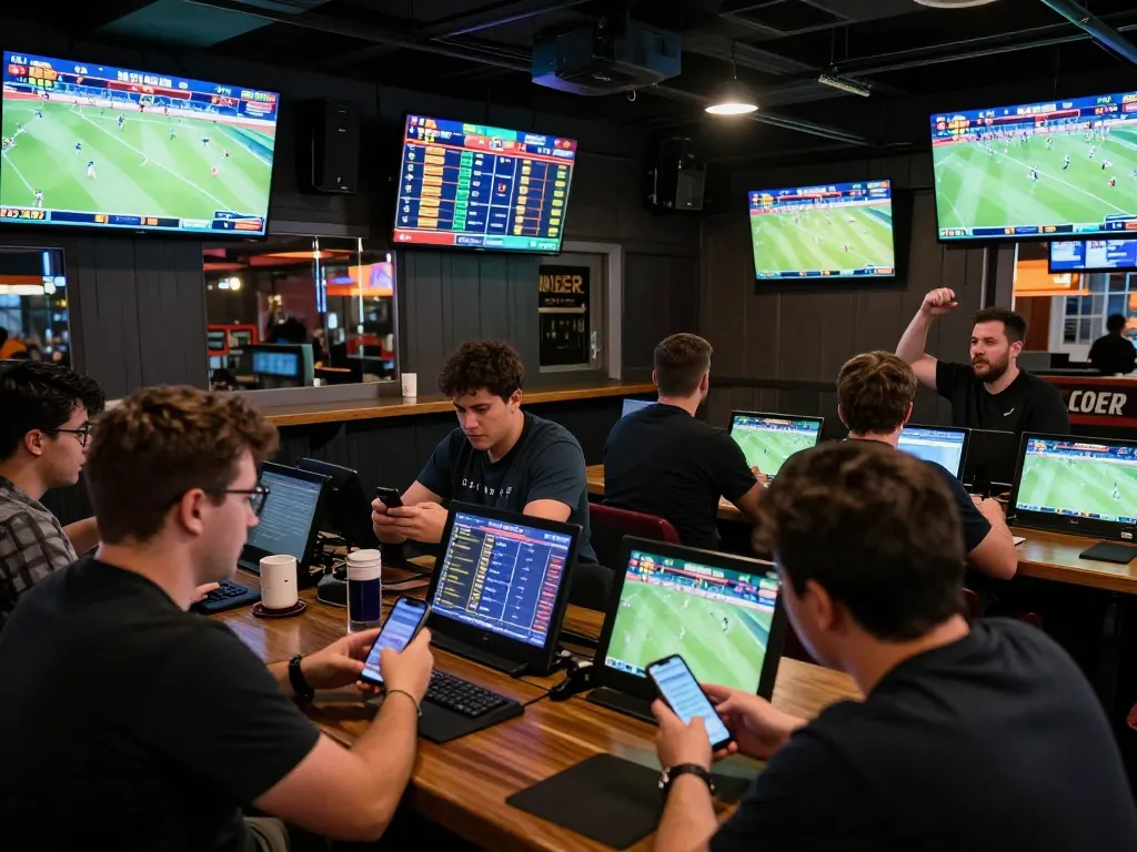Excited patrons engaging in sports betting at a lively bar, showcasing dynamic atmosphere, bet789 experience.