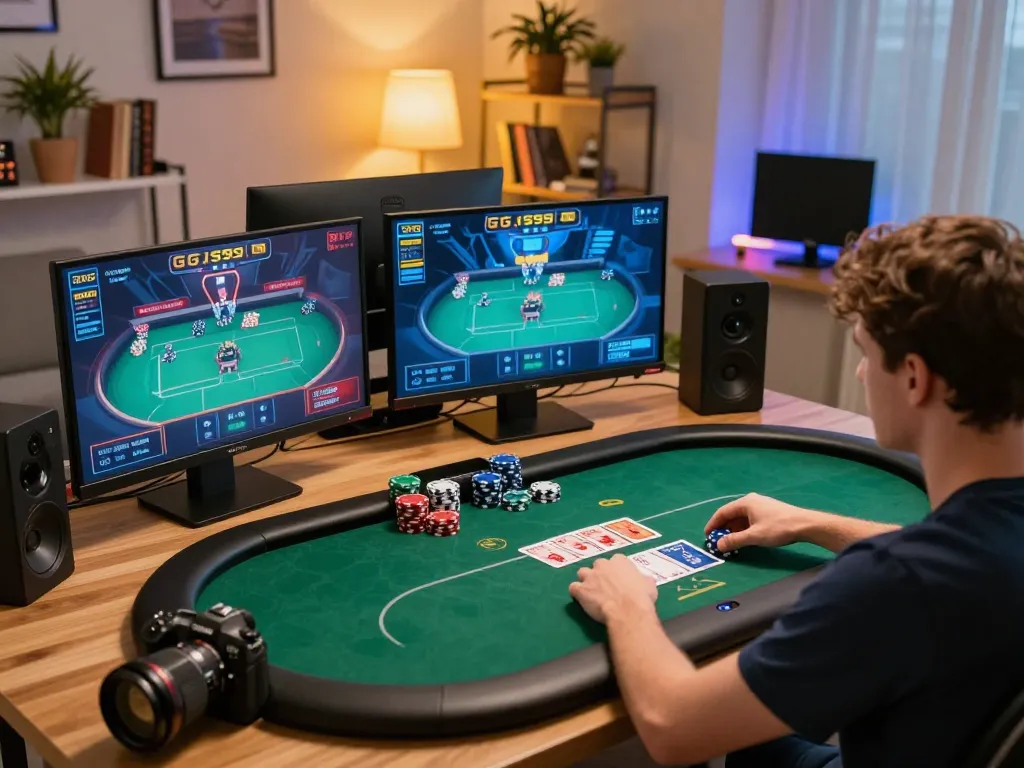Pemain merencanakan strategi poker online dengan gg999 di kantor rumah yang nyaman.