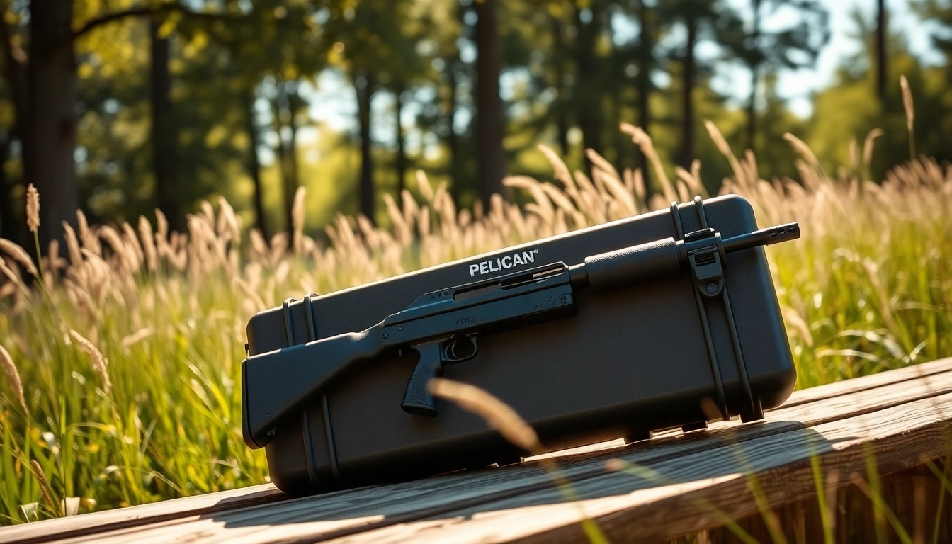Find a Pelican gun case for sale, showcasing its rugged features in a natural outdoor setting.