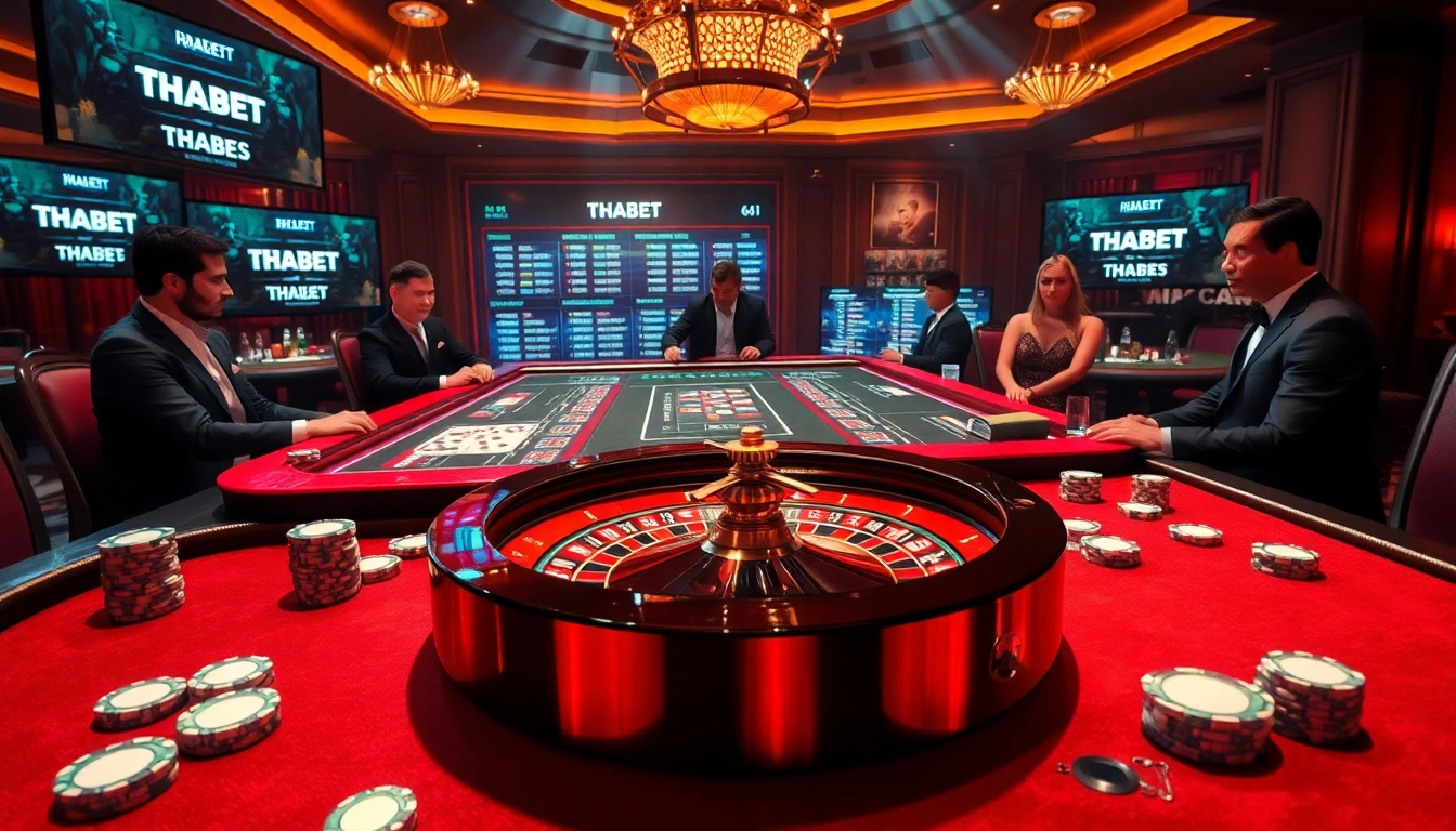 Experience thrilling gameplay at THABET's luxurious casino, featuring poker chips and an exciting roulette table.