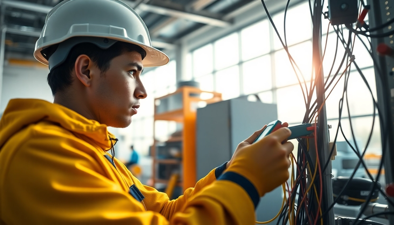 Electrician apprenticeship: A focused electrician apprentice testing wiring in a bright workspace.